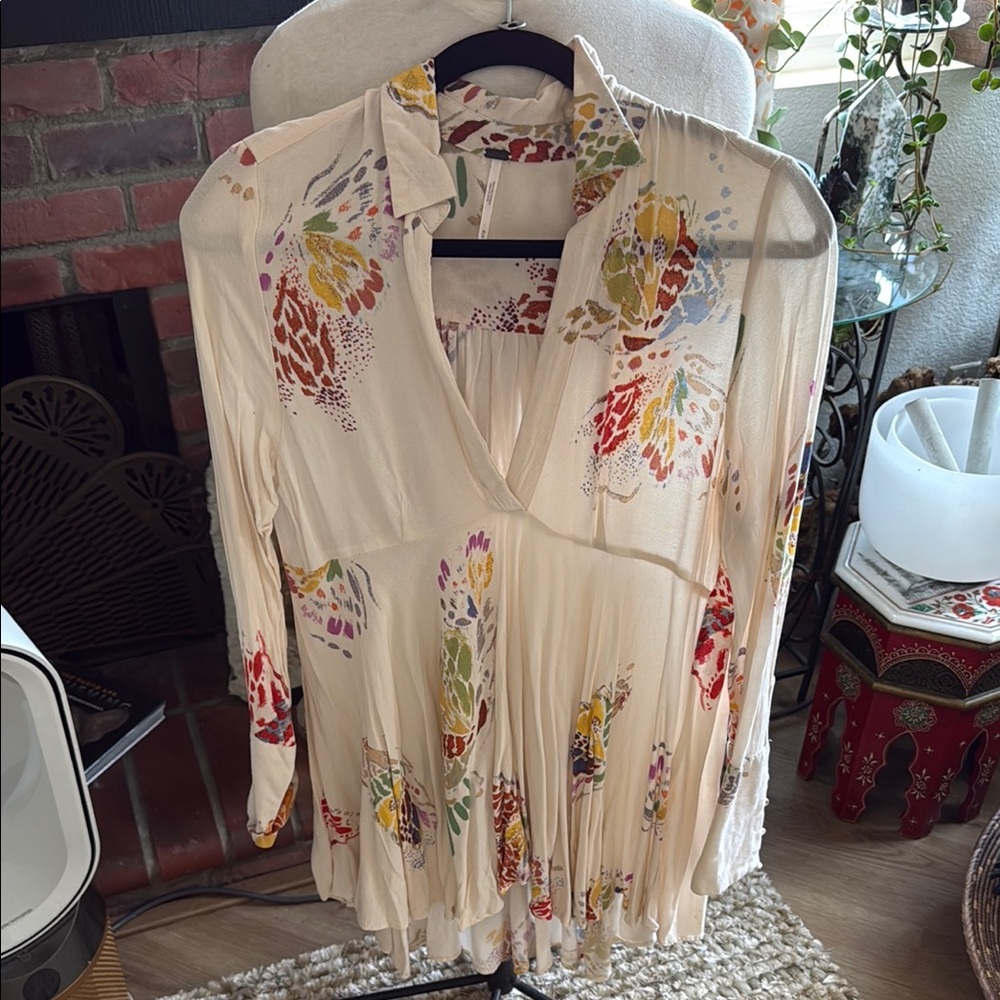 Free People Cream Long Sleeve Pleated Blouse